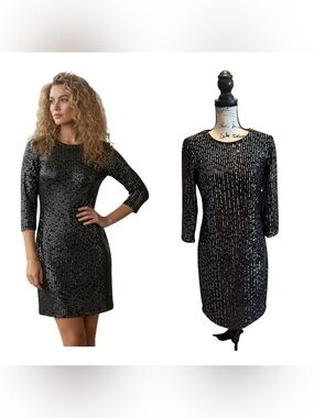 Julia Jordan Velvet Sequin Sheath Mini Dress Black Size 6 NWT 3/4 sleeves formal